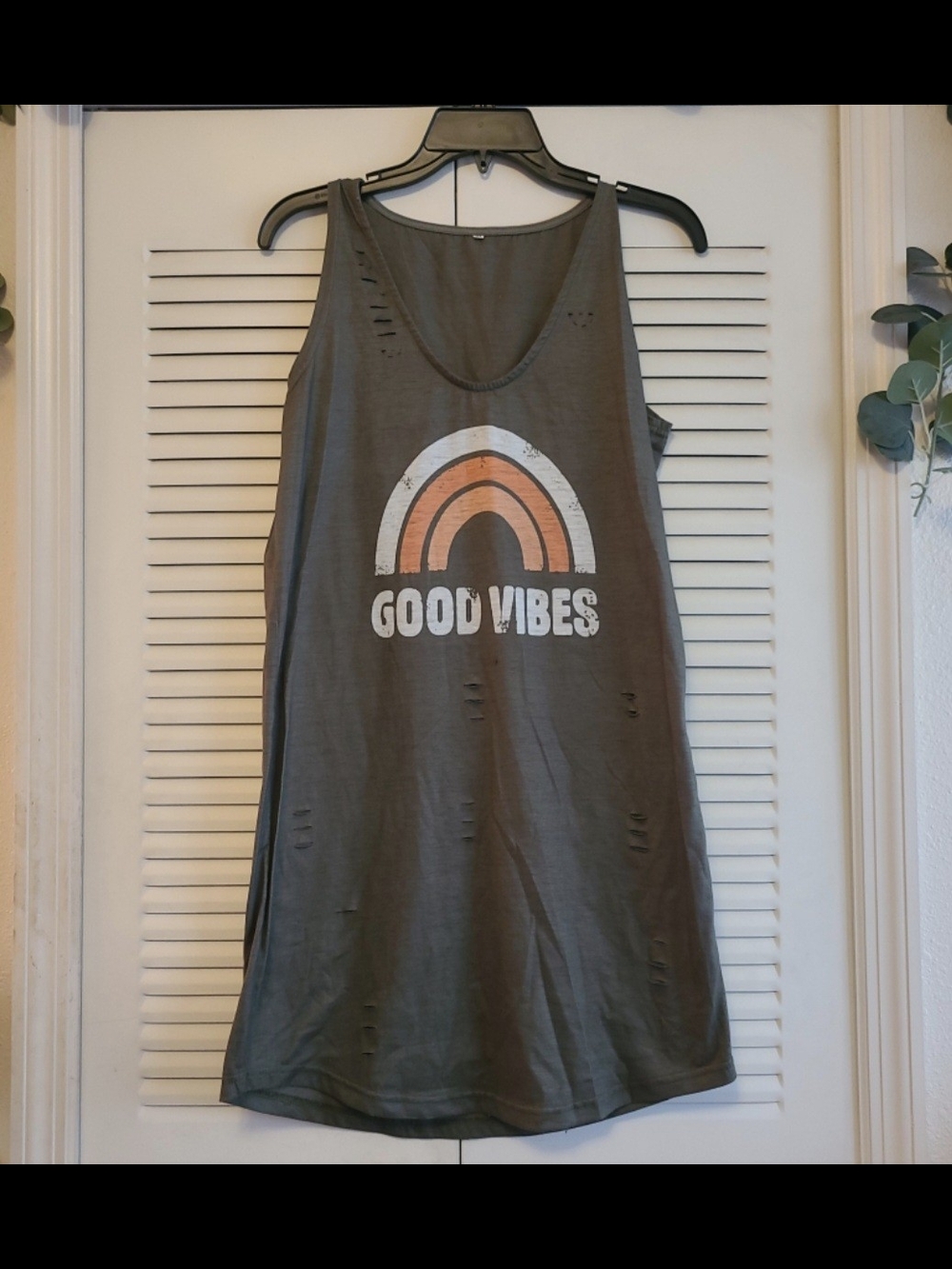 Amazon Olive Green 'Good Vibes' Midi Tank Dress with Retro Rainbow